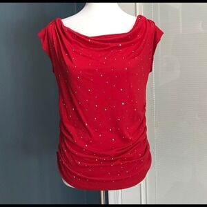 Red Cowl Neck Studded Ruched Top Cap Sleeve Y2K McBling Glam Womens Medium